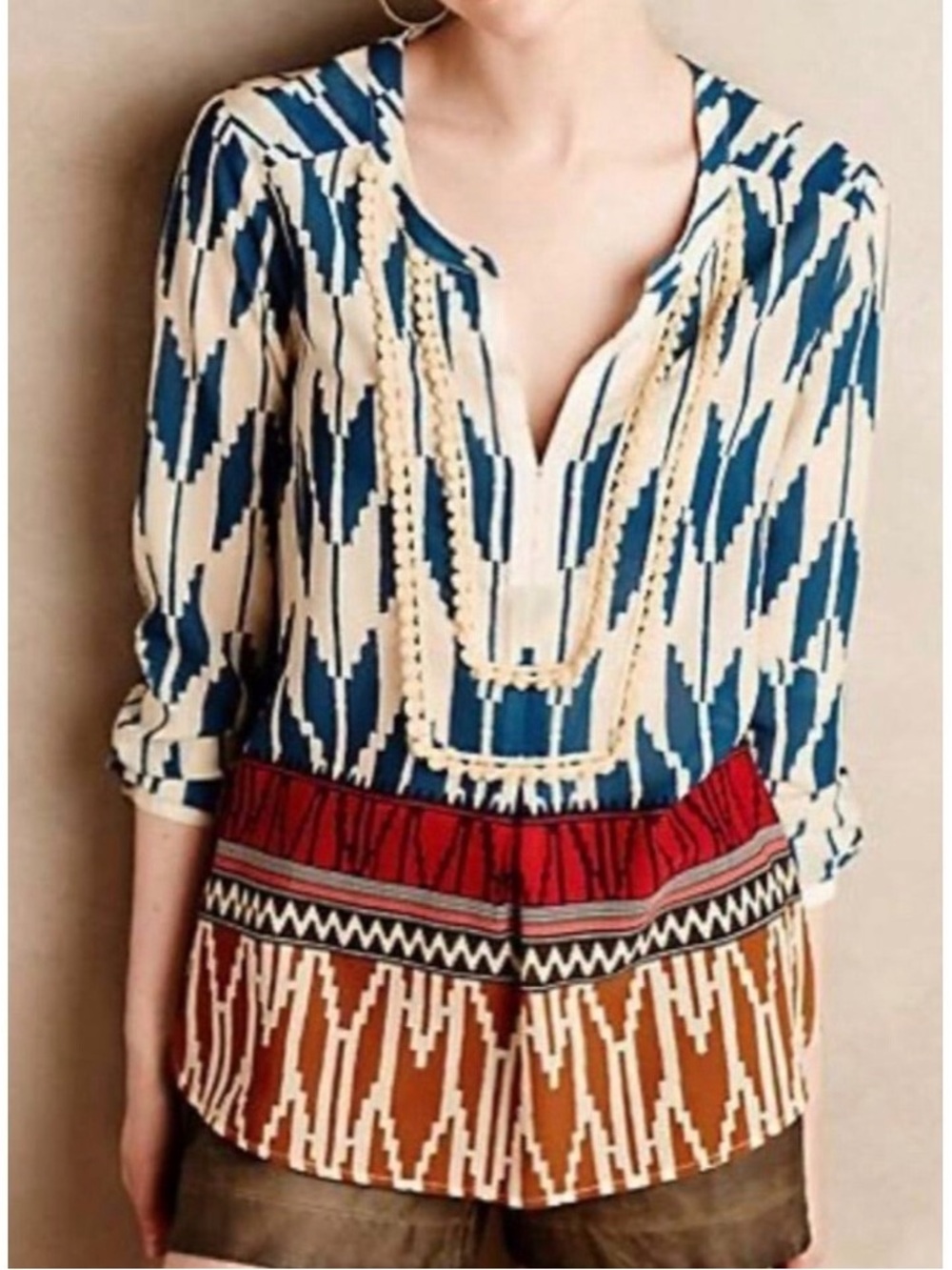Anthropologie Maeve Rohana Boho Ikat Tribal Embellished Top Size 2
